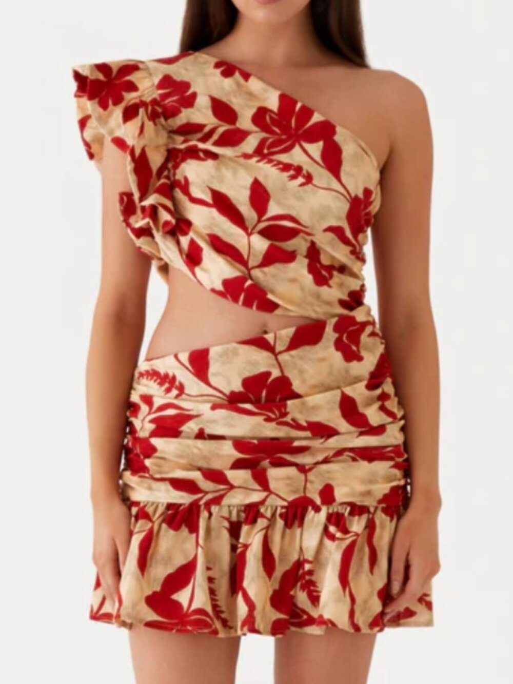 Peppermayo Maisie Red Green Floral Linen One-Shoulder Mini Dress Size 10